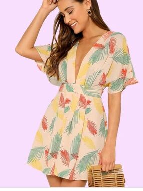 Savannah Flare Dress - Tropical Leaf Print in Cream
